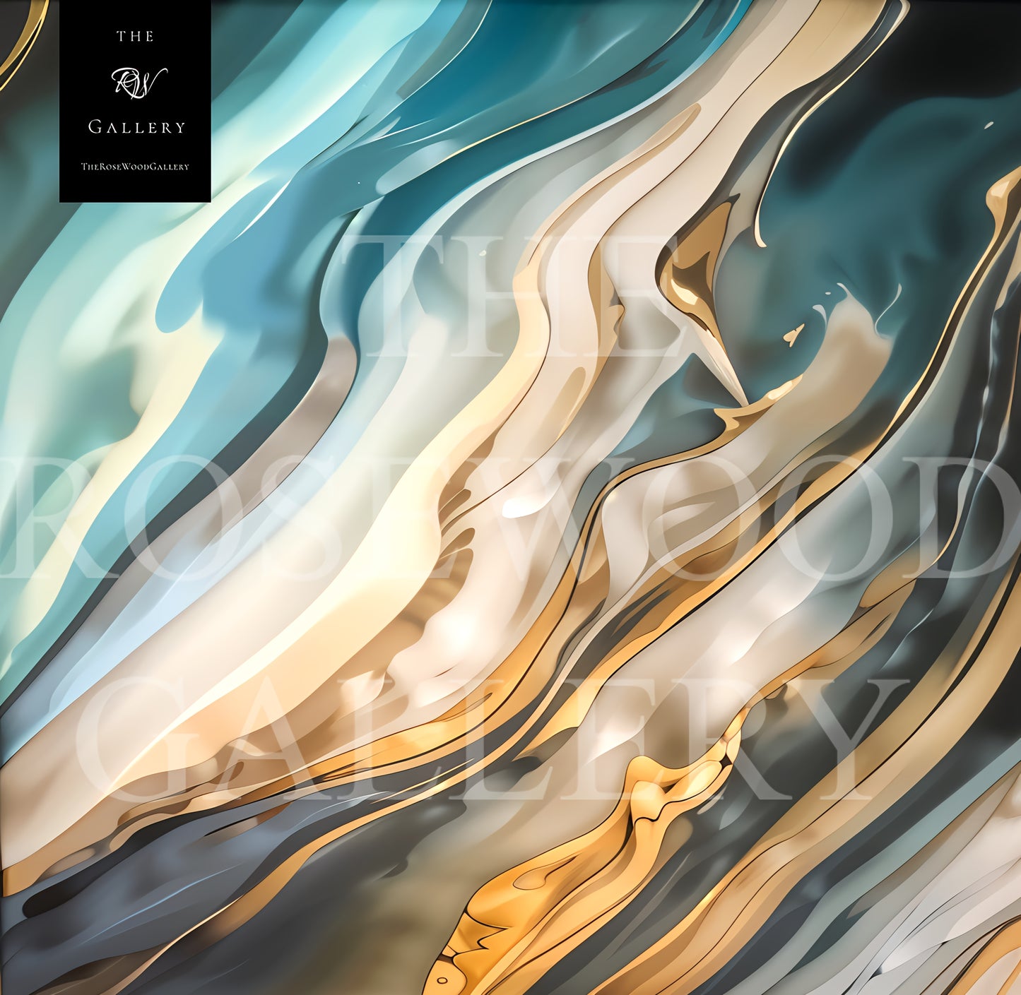 Abstract Contemporary Art Deep Green Dark Gold Light Blue Marine Pouring Painting Wave