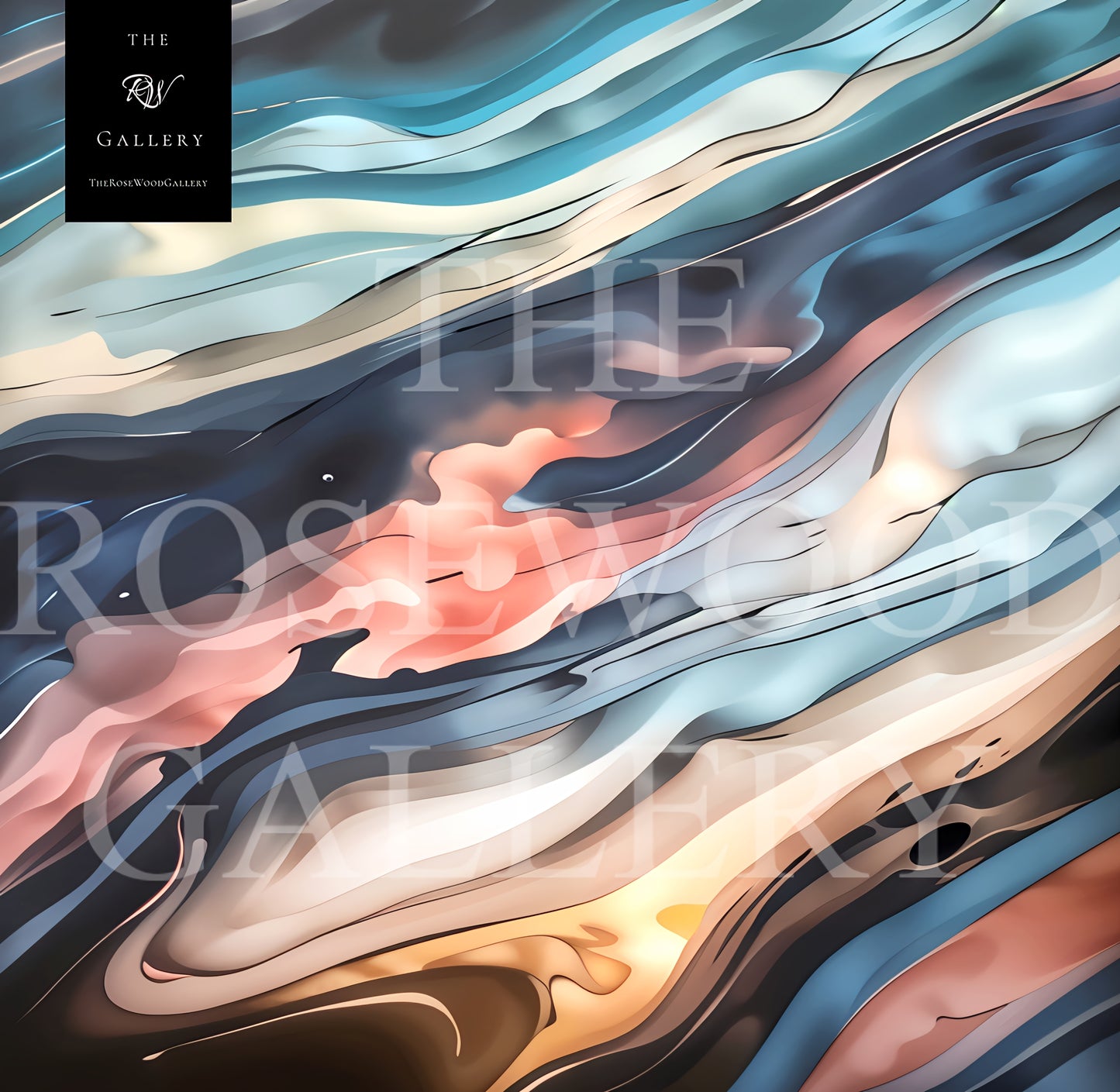 Abstract Contemporary Art Soft Pink Gold Light Blue Marine Pouring Painting Wave
