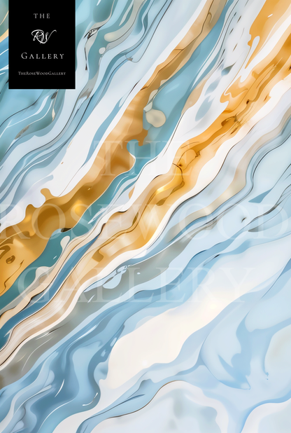 Abstract Painting Art Modern Goldeen Azur Blue Marine Wave Gold Beige Pouring Painting
