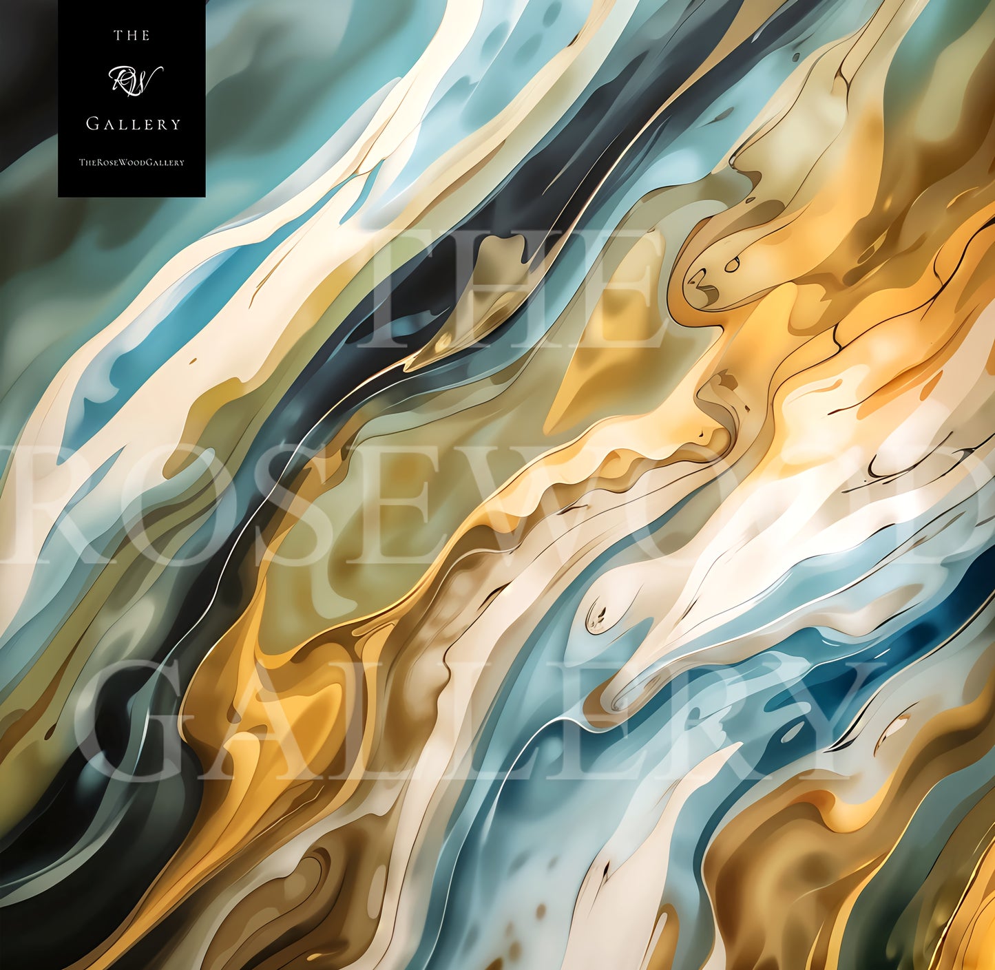 Abstract Contemporary Art Deep Green Dark Gold Light Blue Turquoise Azur Pouring Painting Wave