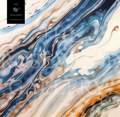 Abstract Contemporary Art Soft Blue Beige Light Turquoise Golden Azur Pouring Painting Wave