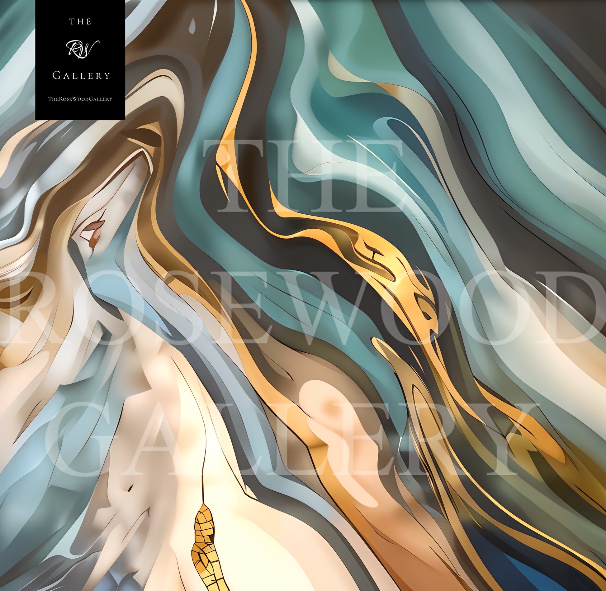 Abstract Contemporary Art Azur Green Dark Gold Light Blue Turquoise Marine Pouring Painting Wave