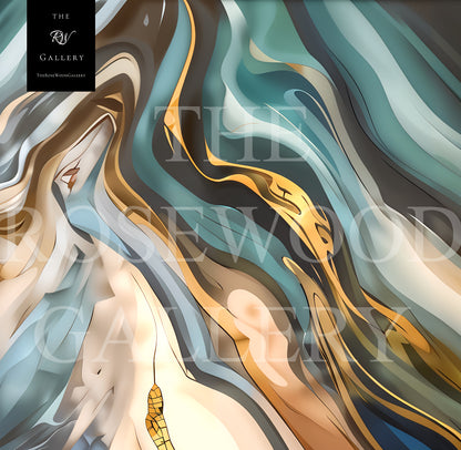 Abstract Contemporary Art Azur Green Dark Gold Light Blue Turquoise Marine Pouring Painting Wave