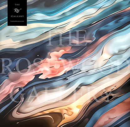Abstract Contemporary Art Soft Pink Gold Light Blue Marine Pouring Painting Wave