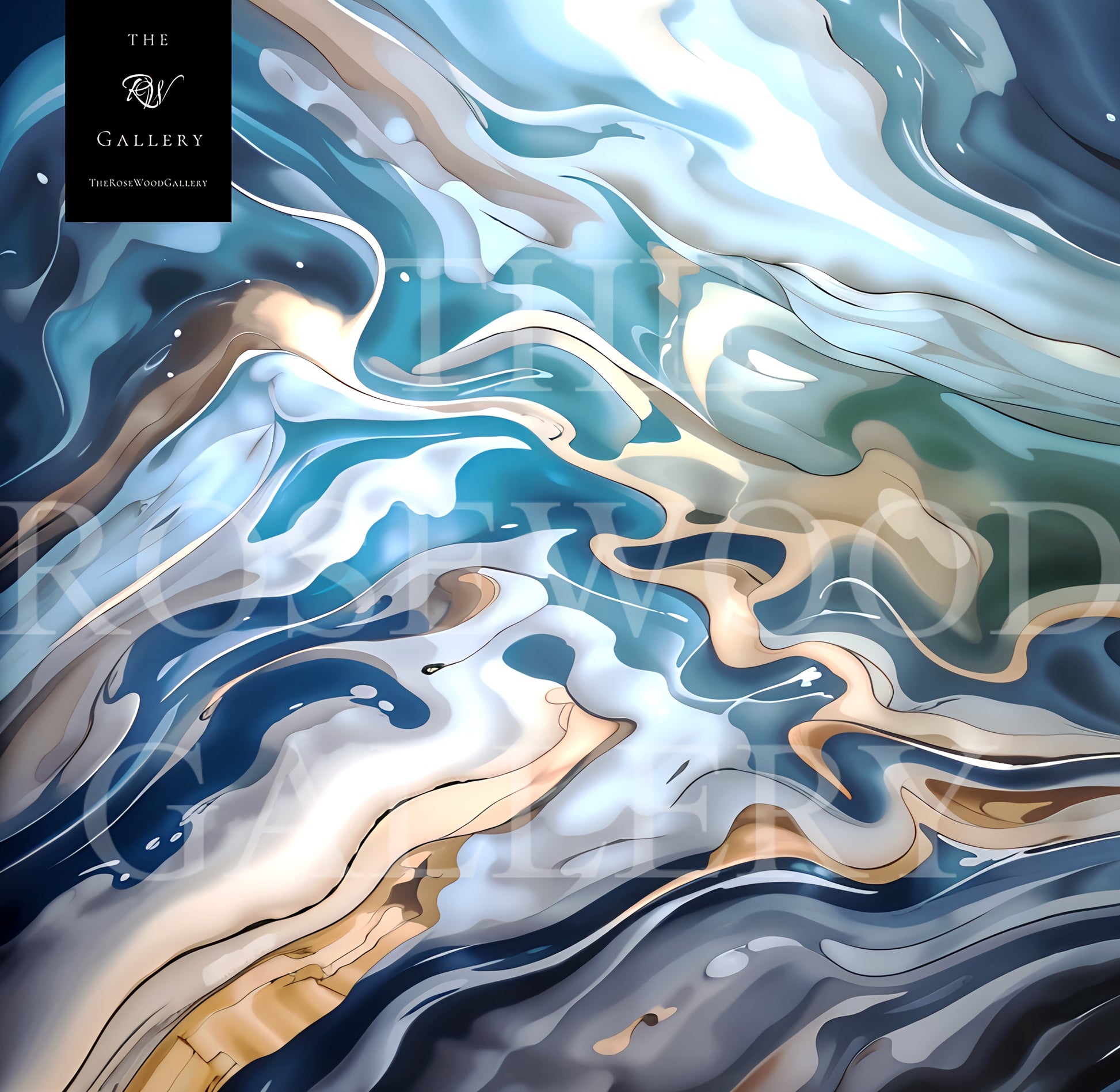 Abstract Contemporary Art Deep Gold Light Blue Marine Pouring Painting Wave