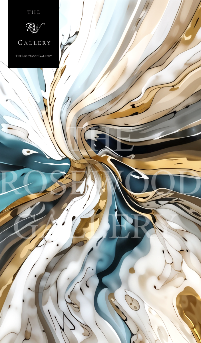 Deep Teal Blue Pouring Painting Digital Abstract Art Contemporary Shades Of Cream White Whirlwind