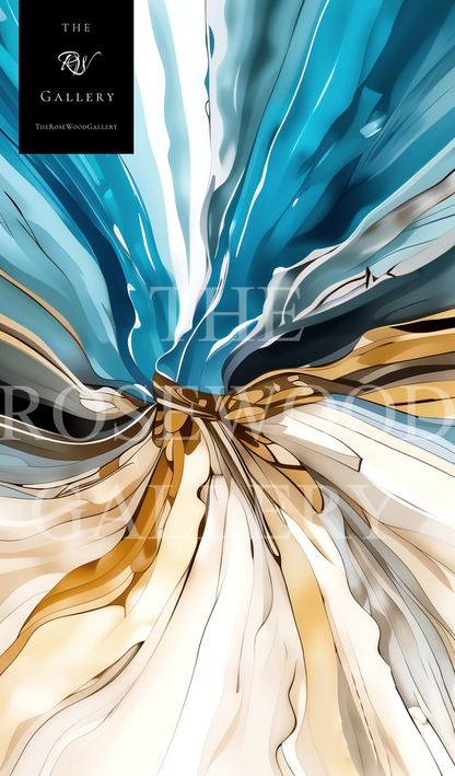 Pouring Painting Digital Abstract Art    Elegant Contrast Blue Azure Gold Whirlwind