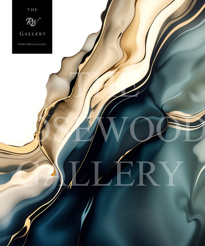 Minimalist Digital Painting Abstract Art Deep Turquoise Green Golden Lines Shades Of Sylver