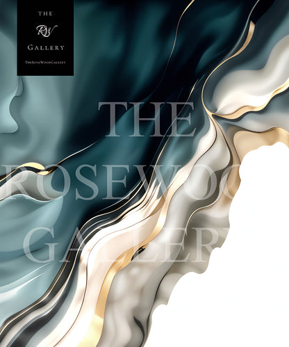 Digital Pouring Painting  Abstract Art Deep Turquoise Azur Golden Lines Shades Of Ivory Sylver Background