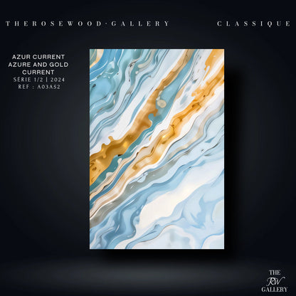 Abstract Painting Art Modern Goldeen Azur Blue Marine Wave Gold Beige Pouring Painting