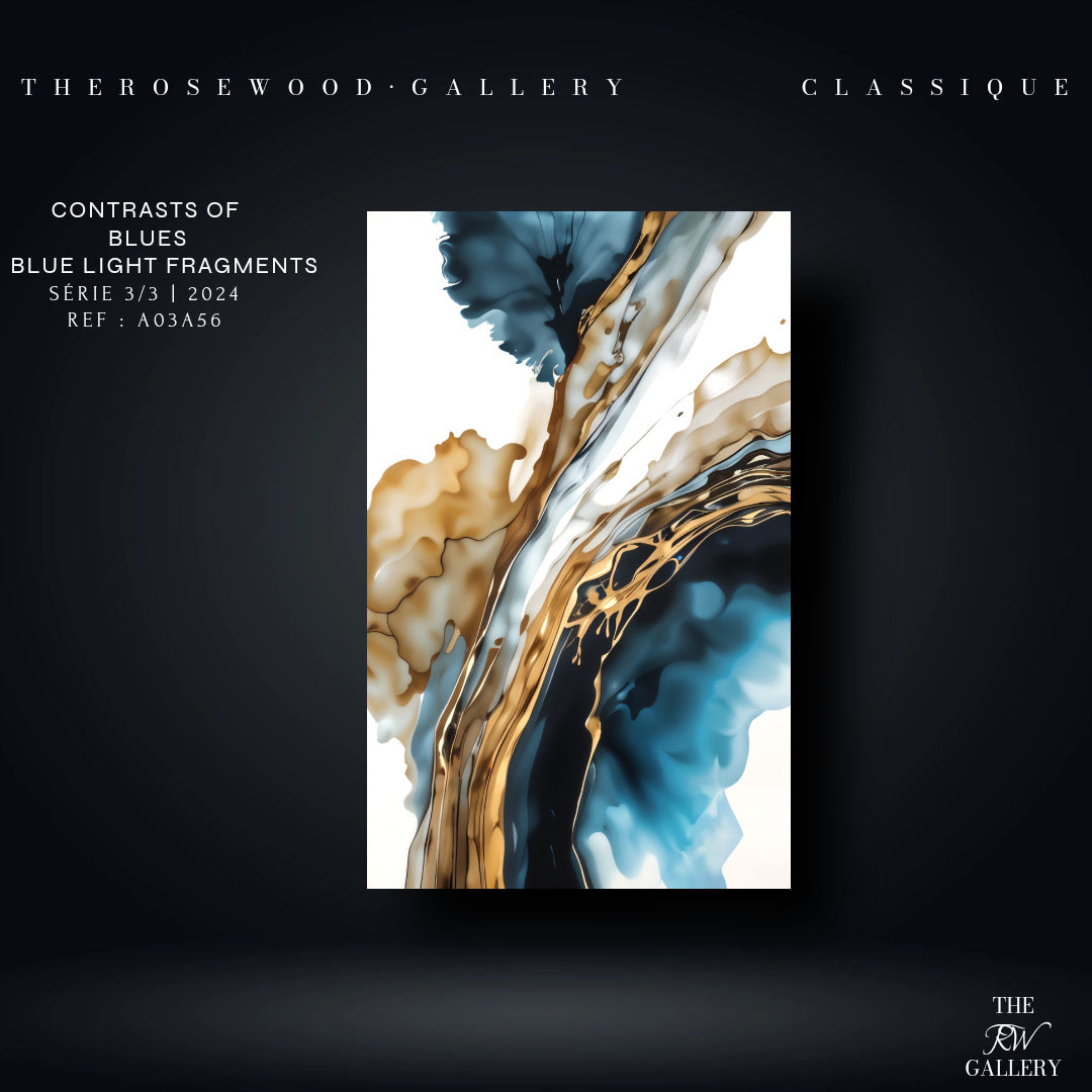 Abstract Modern Art Poster Black Lines Gold Light Blue Marine Deep Blue White Aquarelle Watercolor Effect