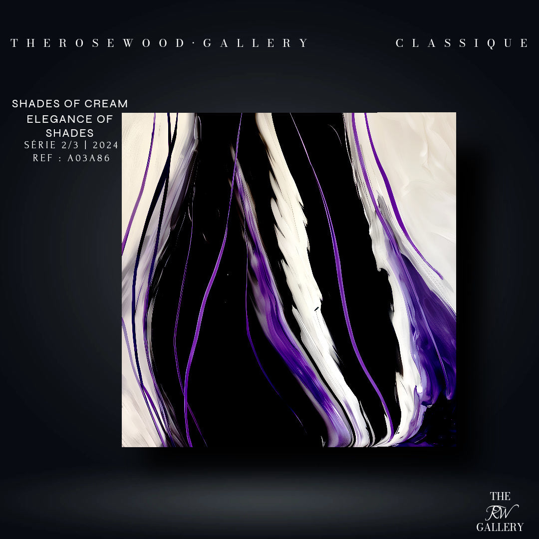 Contemporary Abstract Digital Artwork Vertical Bands Black White Cream Violet Fluid Organic Movement Pouring Painting