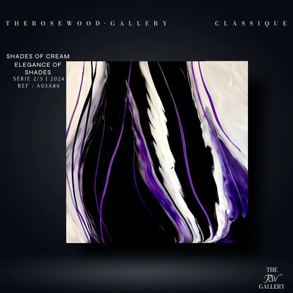 Contemporary Abstract Digital Artwork Vertical Bands Black White Cream Violet Fluid Organic Movement Pouring Painting