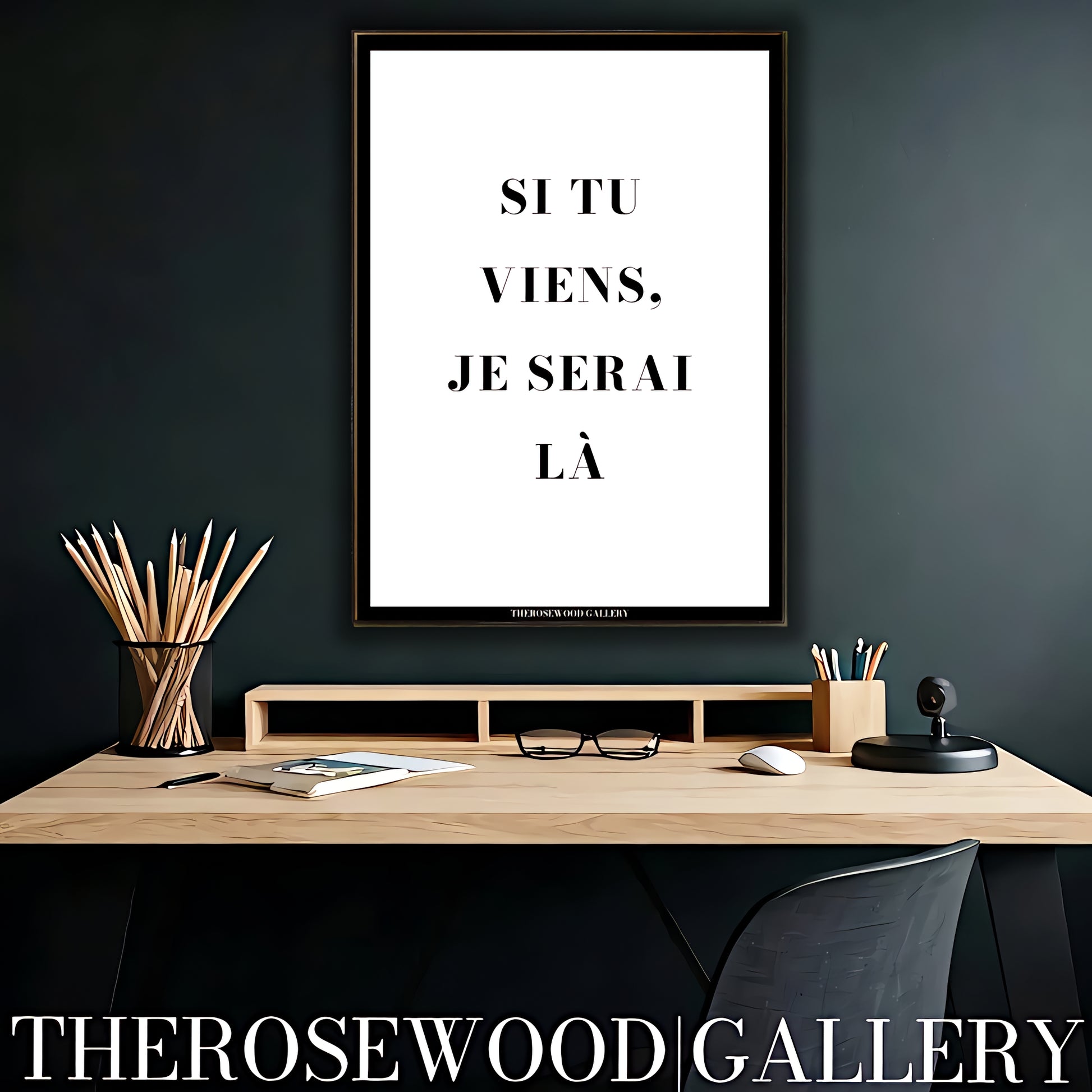 Contemporary black and white quote poster featuring a minimalist digital art design for office wall decor.