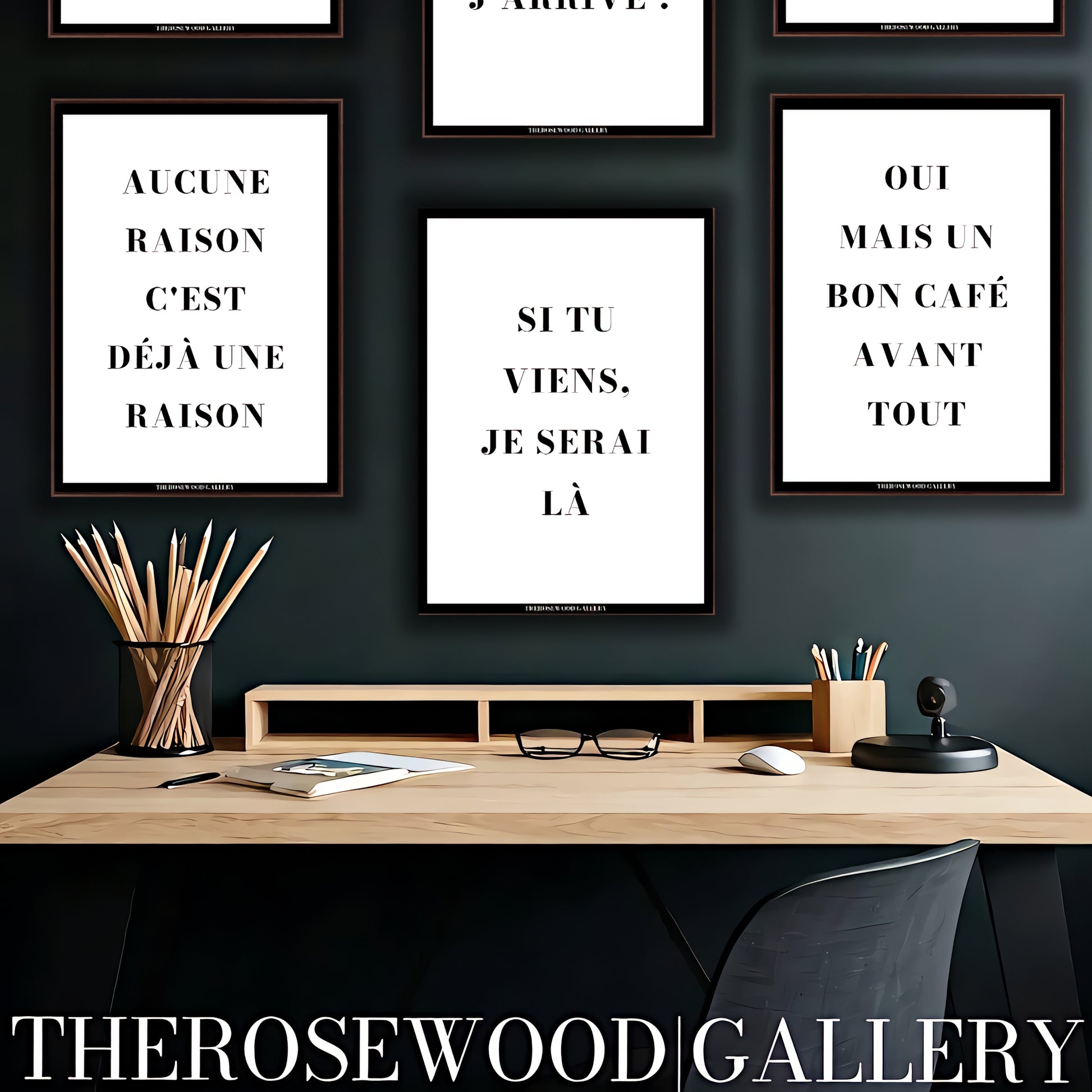 Minimalist black and white digital art poster framed over a modern office desk gallery wall.