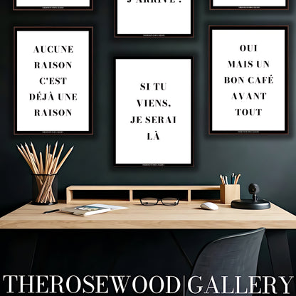 Minimalist black and white digital art poster framed over a modern office desk gallery wall.