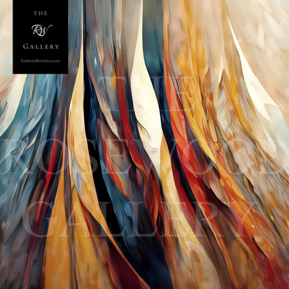 Elegant Modern Wall Decor Digital Painting Shades of Beige Ochre Brick Red Navy Blue Blend Vertical Bands Warm Colors
