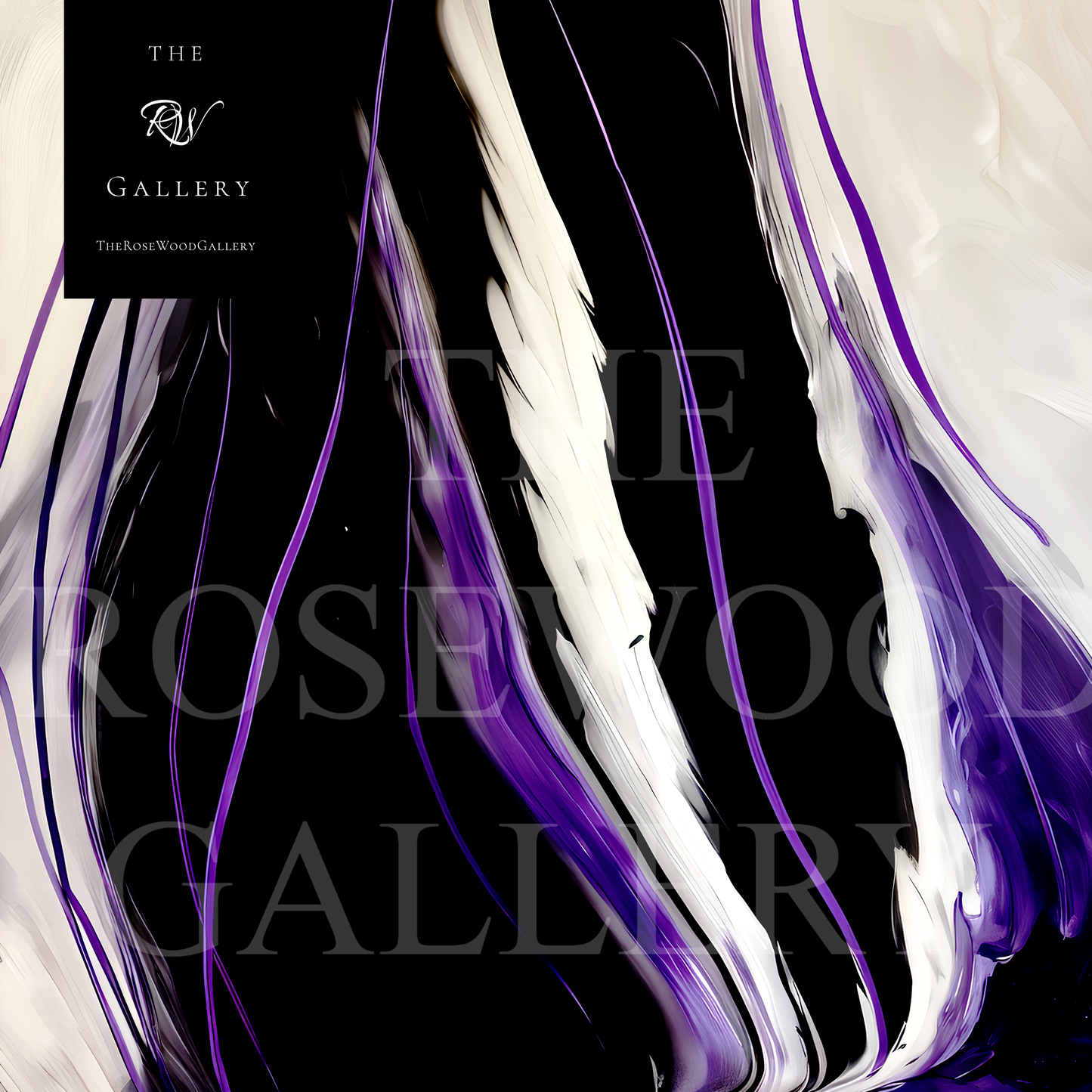 Contemporary Abstract Digital Artwork Vertical Bands Black White Cream Violet Fluid Organic Movement Pouring Painting