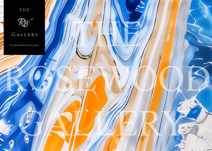 Abstract Art Orange Blue Gold  Pouring Painting To Frame Ultra HD Digital Wall Decor