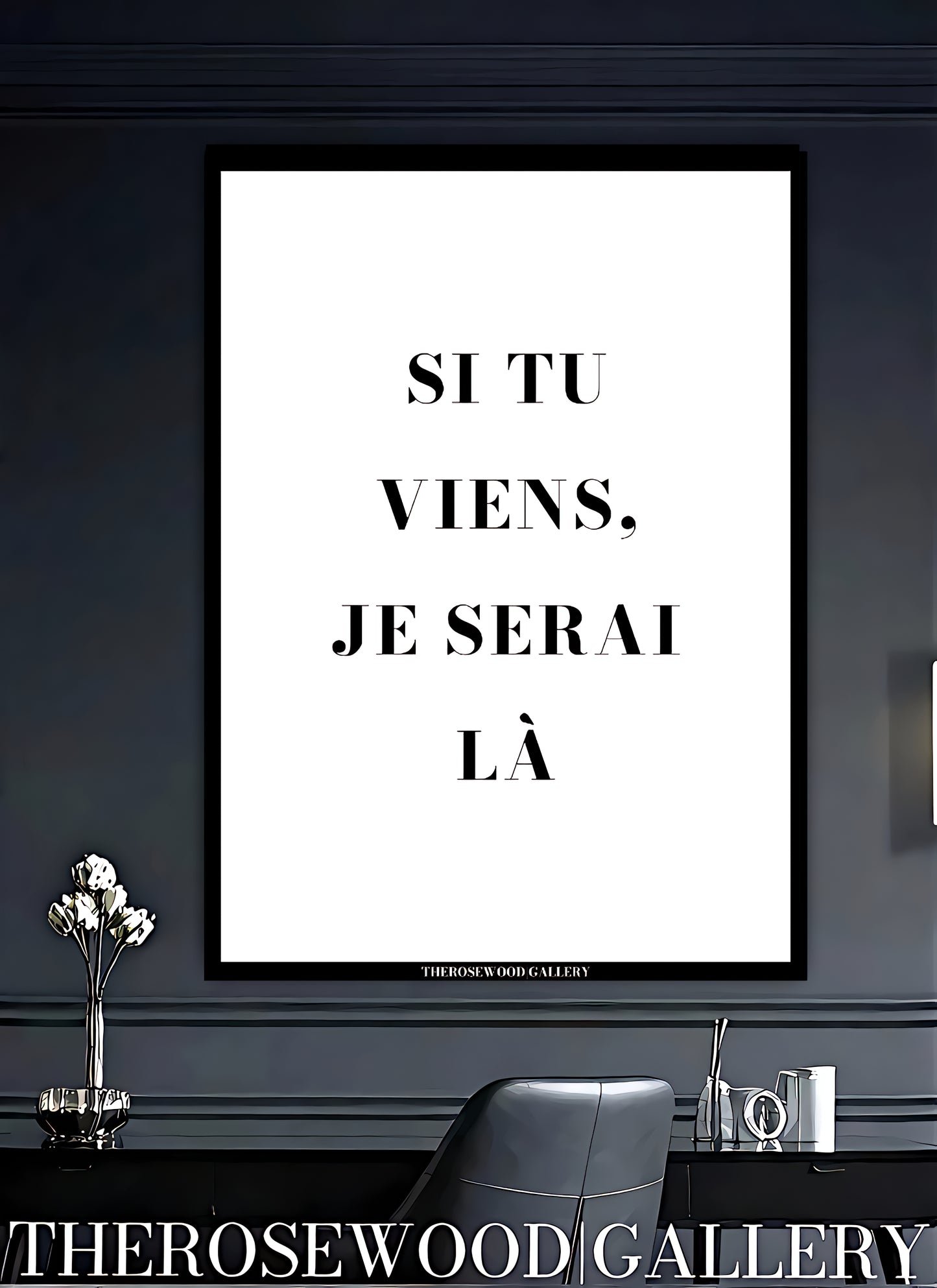 Close-up of contemporary typography featuring a minimalist black and white office quote.