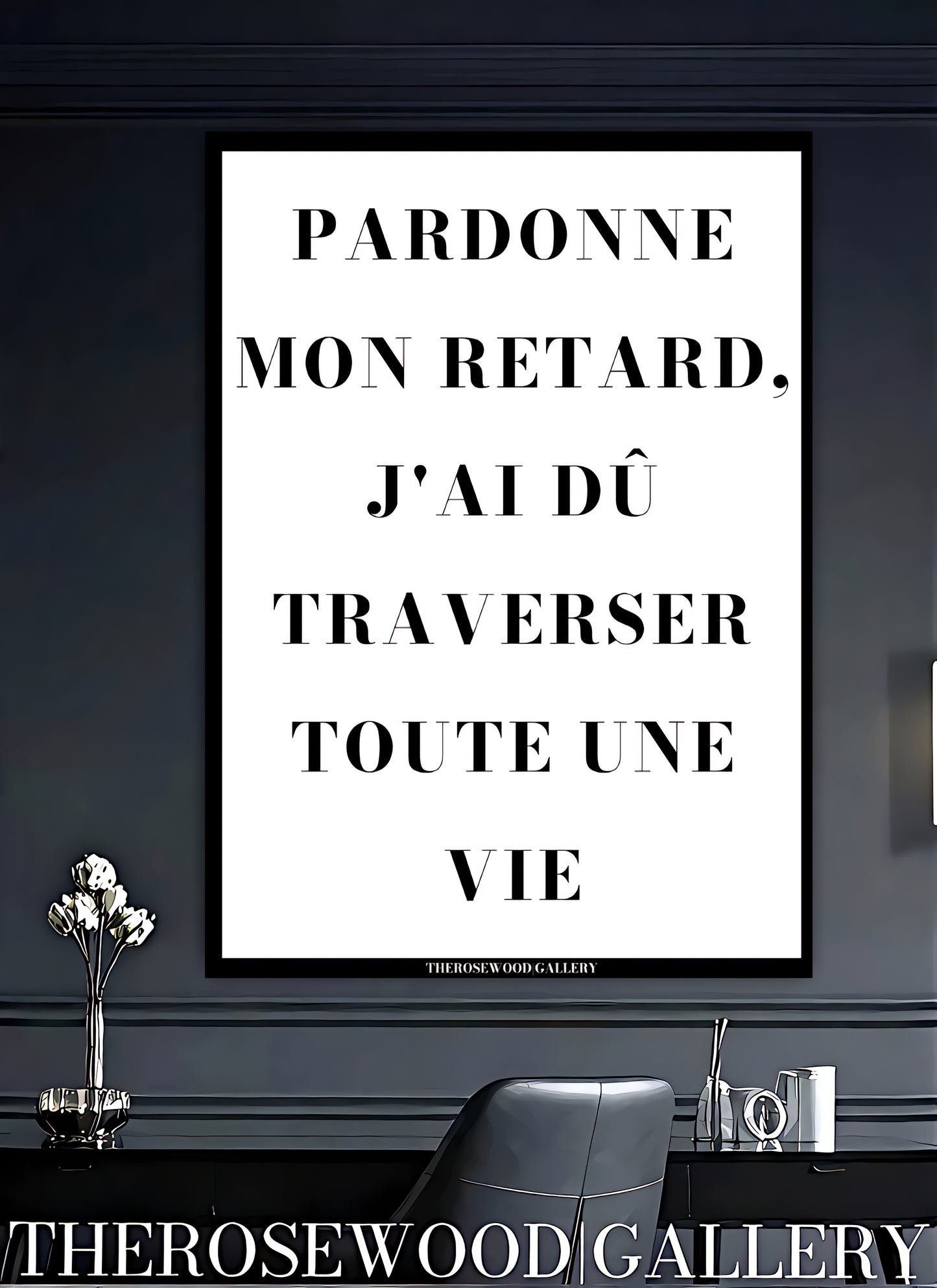 Close-up of a Sophisticated calligraphy poster featuring a motivational quote. Monochrome contemporary design digital download.