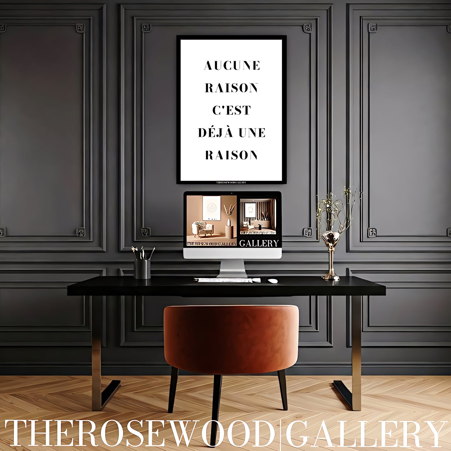Minimalist black and white modern inspirational wall art poster featuring AUCUNE RAISON C'EST DÉJÀ UNE RAISON