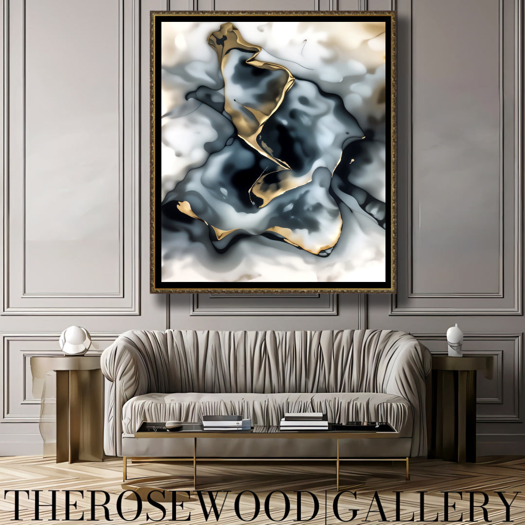Abstract Contemporary Art To Print Smoke Art Grey Black Gold Beige Pouring Painting