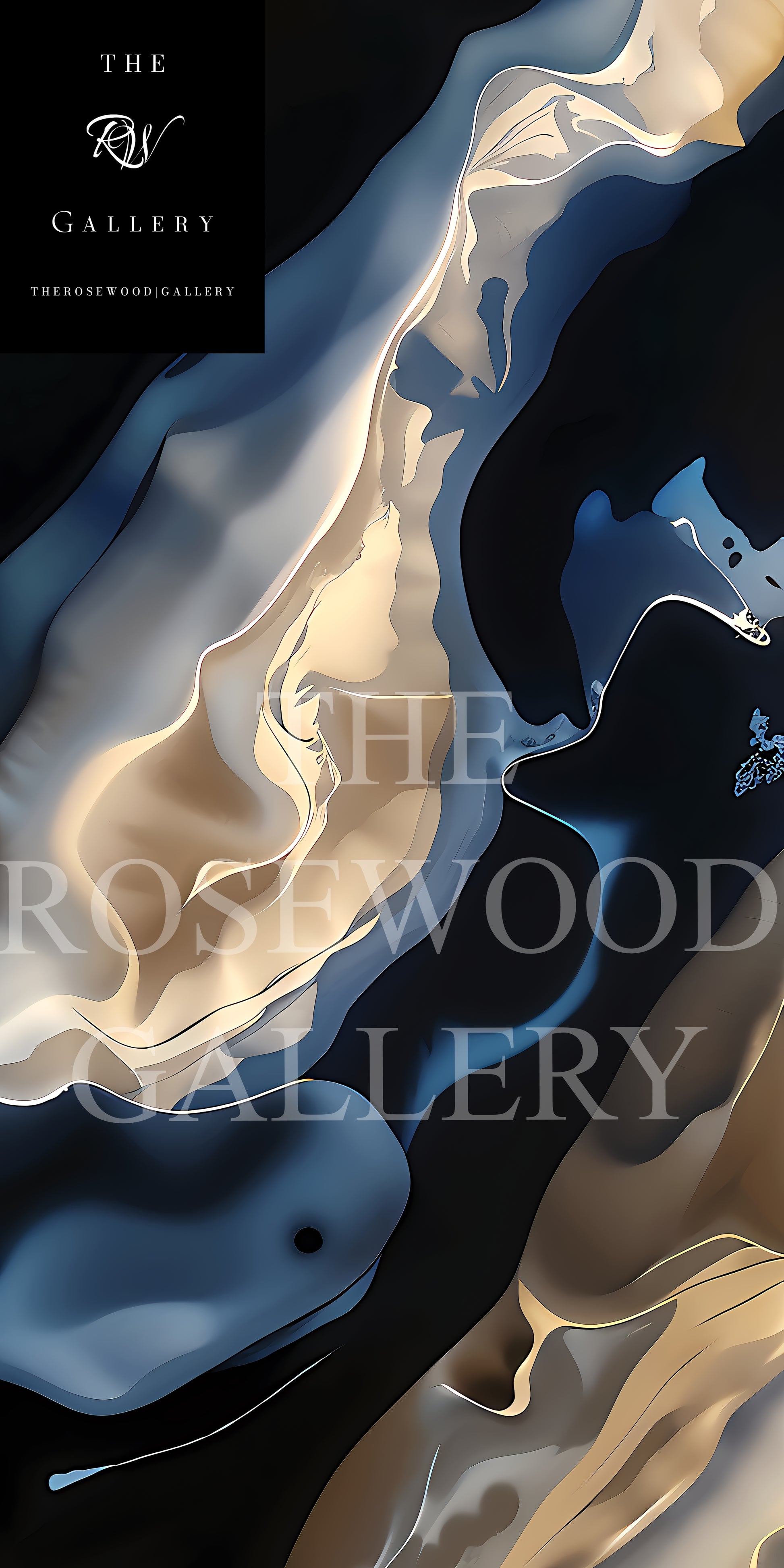 Shades Of Midnight Blue Indigo Minimalist Abstract Digital Artwork Gold Fluid Organic Shapes Modern Interior Design