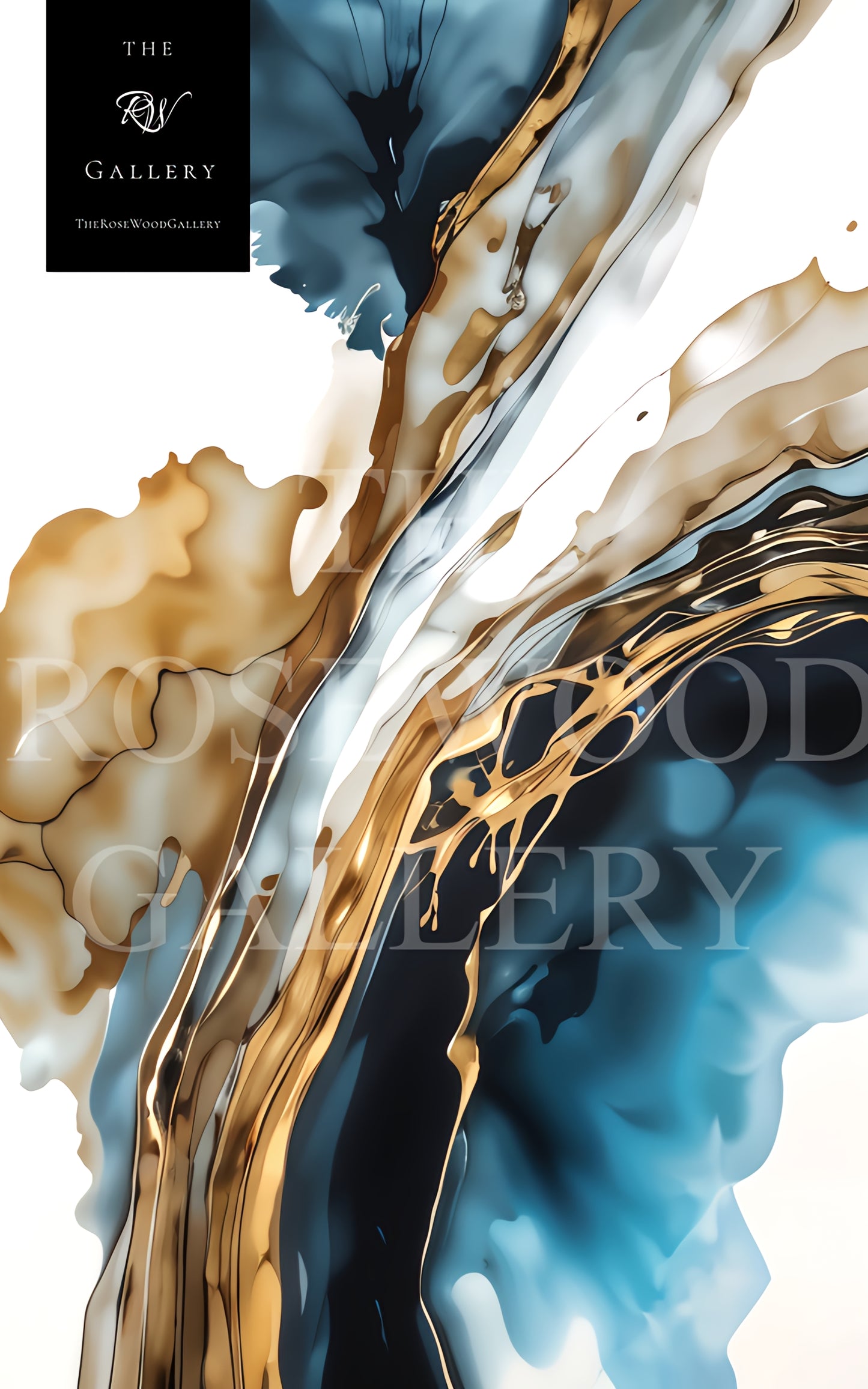 Abstract Modern Art Poster Black Lines Gold Light Blue Marine Deep Blue White Aquarelle Watercolor Effect