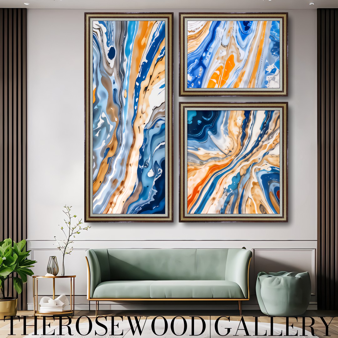 Abstract HD Digital ArtWall Orange Bleue Gold Pouring Painting Printable 