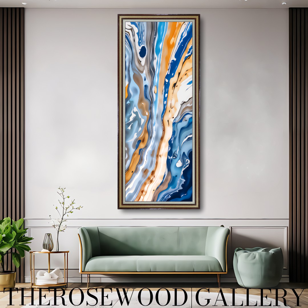 Abstract Blue Wave Art Orange Blue Gold Brun Pouring Painting Instant Download 