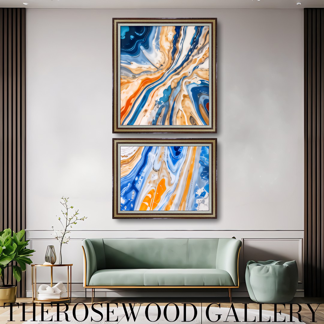 Abstract HD Digital ArtWall Orange Bleue Gold Pouring Painting Printable 