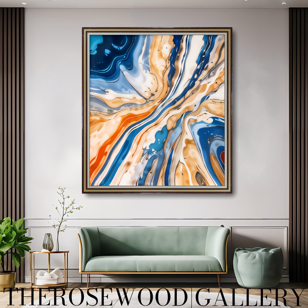 Abstract HD Digital ArtWall Orange Bleue Gold Pouring Painting Printable 