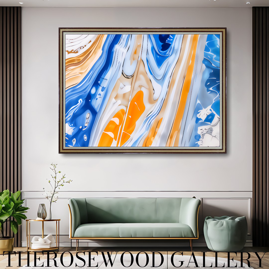 Abstract Art Orange Blue Gold  Pouring Painting To Frame Ultra HD Digital Wall Decor