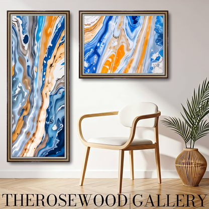 Abstract Art Orange Blue Gold  Pouring Painting To Frame Ultra HD Digital Wall Decor