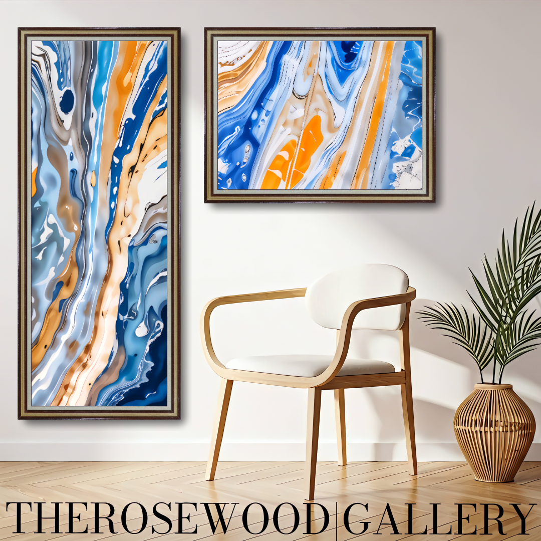 Abstract Blue Wave Art Orange Blue Gold Brun Pouring Painting Instant Download 