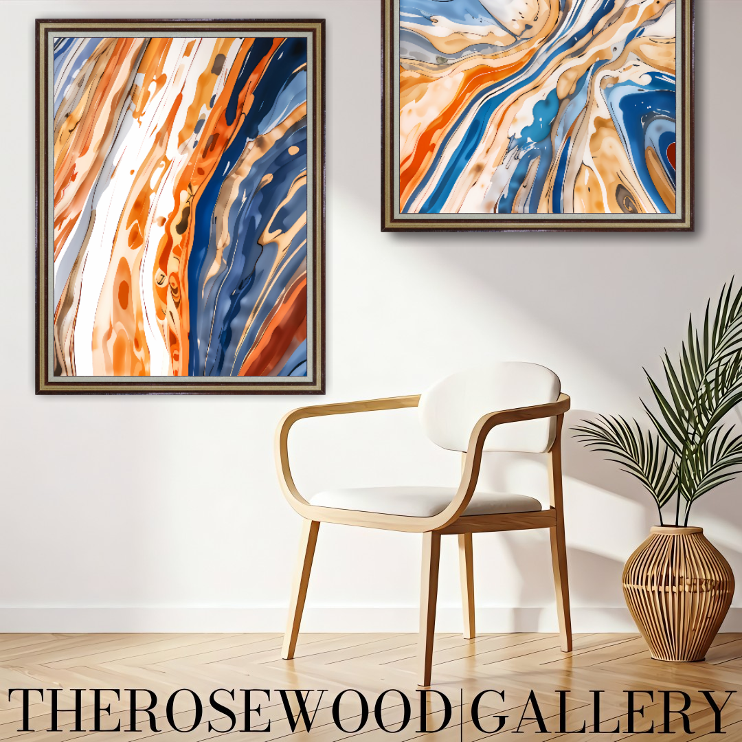 Abstract Artwork To Print Chromatic Orange Navi Bleue Golden Light Pouring Painting  Warm Tones 