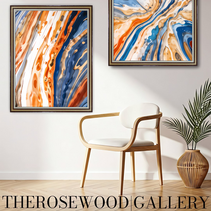 Abstract Artwork To Print Chromatic Orange Navi Bleue Golden Light Pouring Painting  Warm Tones 