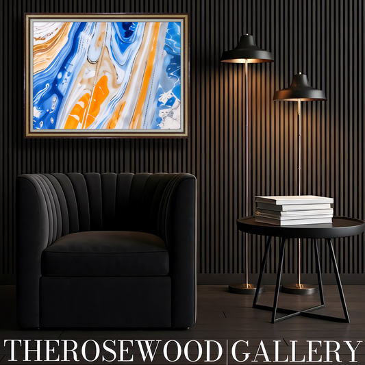Abstract Art Orange Blue Gold  Pouring Painting To Frame Ultra HD Digital Wall Decor