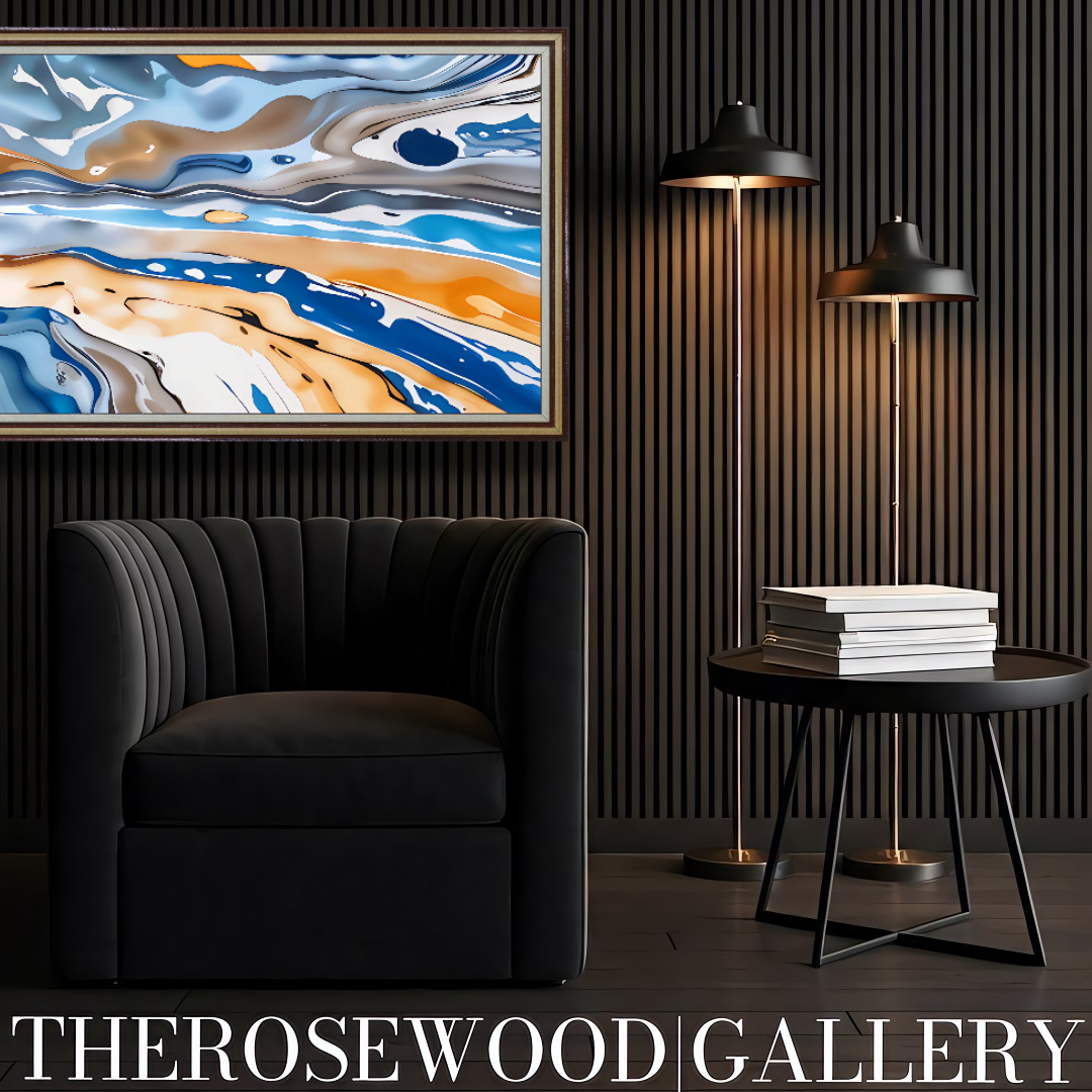 Abstract Blue Wave Art Orange Blue Gold Brun Pouring Painting Instant Download 