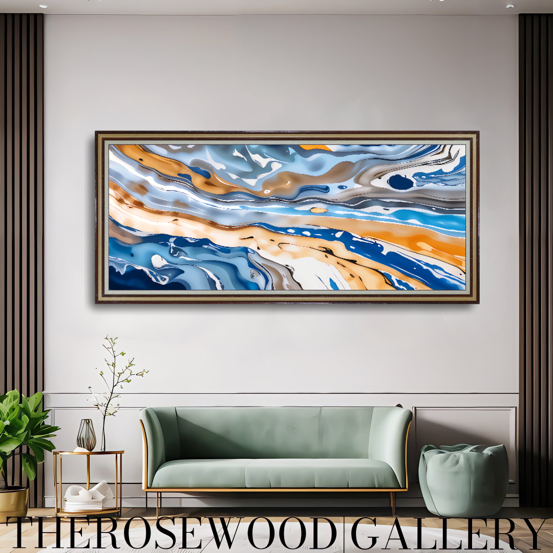 Abstract Blue Wave Art Orange Blue Gold Brun Pouring Painting Instant Download 