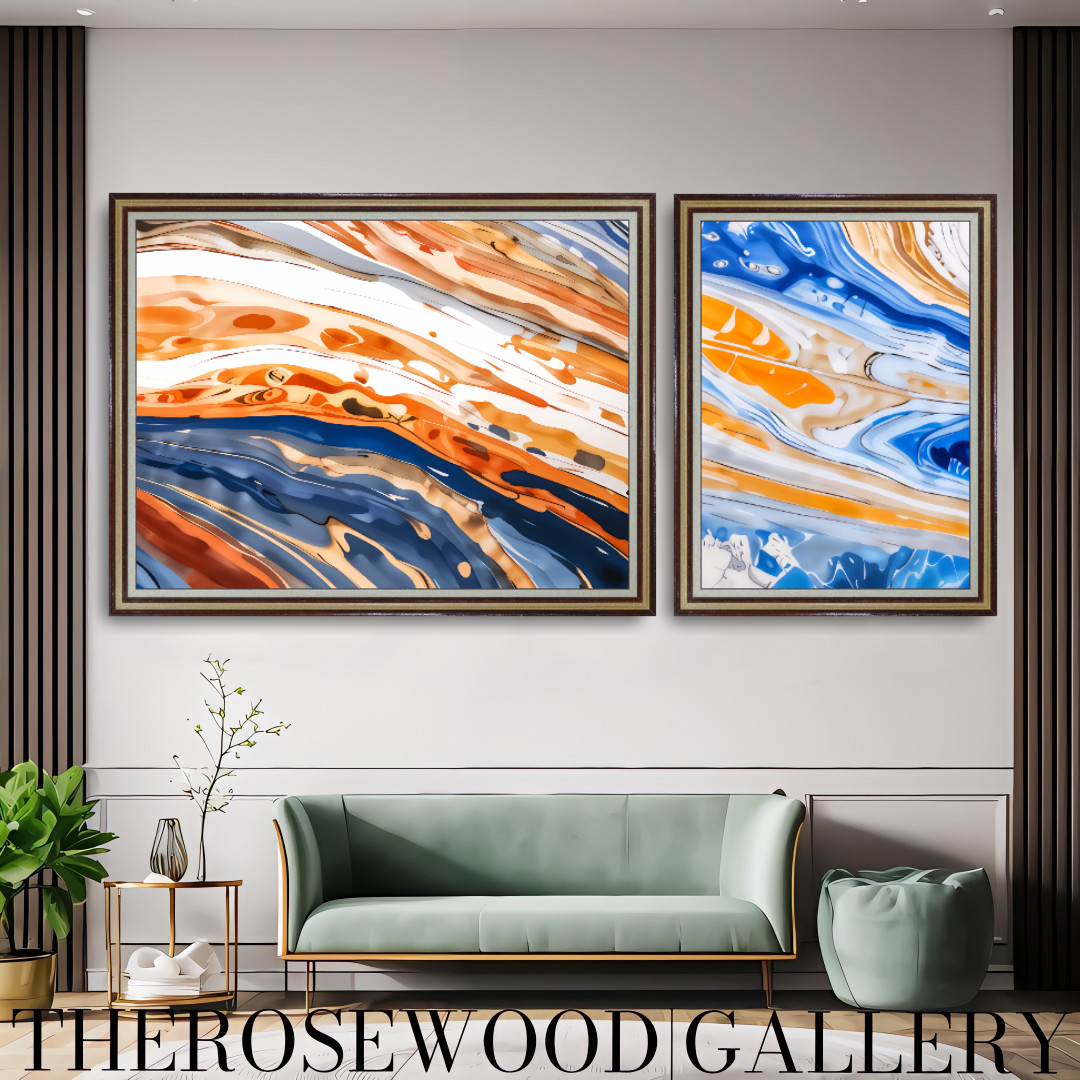Abstract Artwork To Print Chromatic Orange Navi Bleue Golden Light Pouring Painting  Warm Tones 