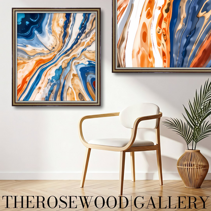 Abstract HD Digital ArtWall Orange Bleue Gold Pouring Painting Printable 