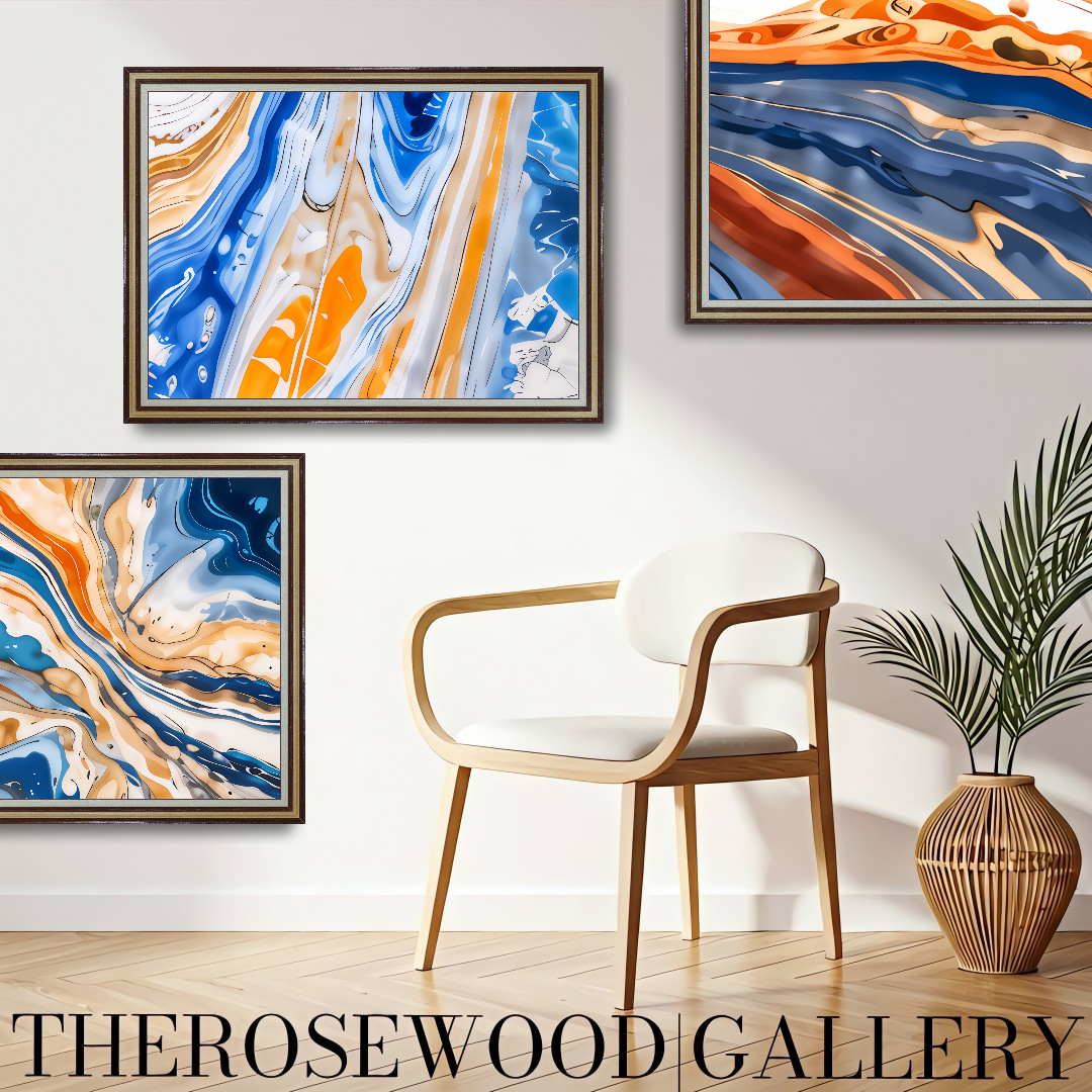 Abstract Art Orange Blue Gold  Pouring Painting To Frame Ultra HD Digital Wall Decor