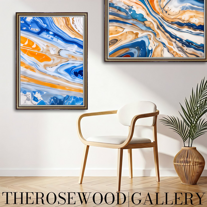 Abstract Art Orange Blue Gold  Pouring Painting To Frame Ultra HD Digital Wall Decor