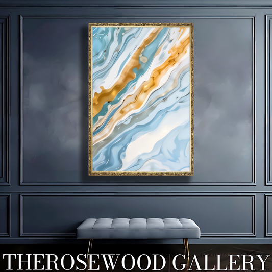 Abstract Painting Art Modern Goldeen Azur Blue Marine Wave Gold Beige Pouring Painting