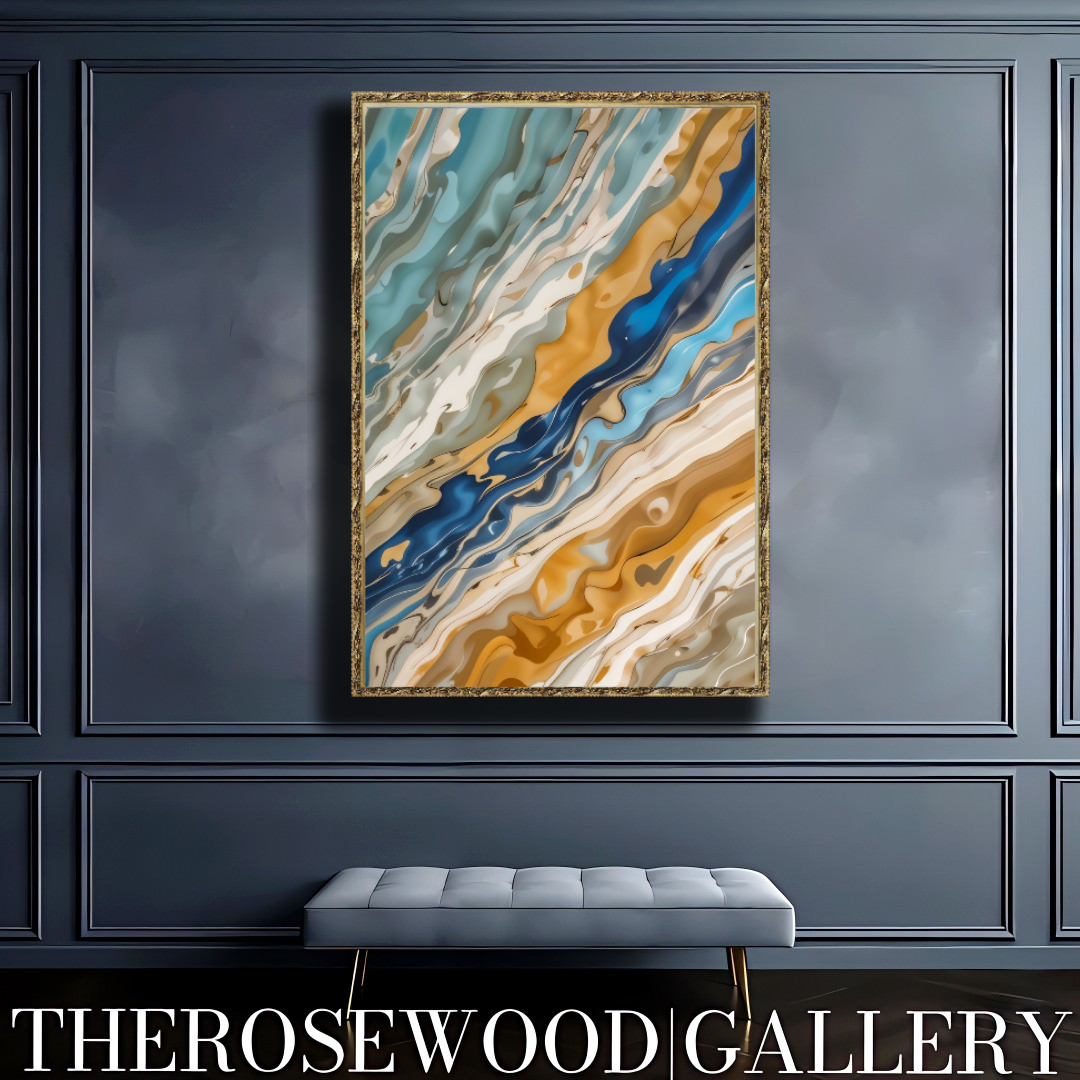 Digital Abstract Painting Art Modern Green Azur Gold Beige Pouring Painting
