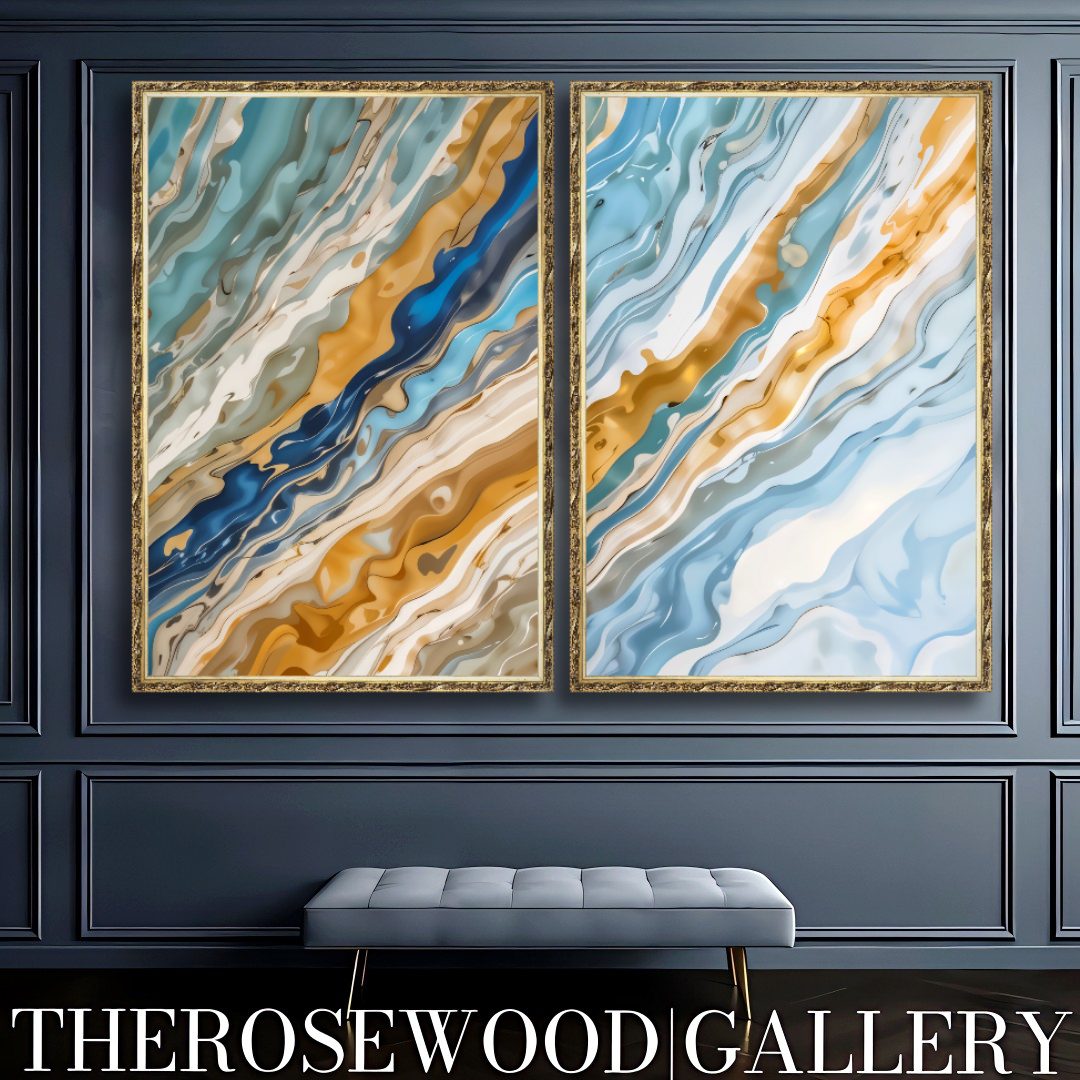Abstract Painting Art Modern Goldeen Azur Blue Marine Wave Gold Beige Pouring Painting