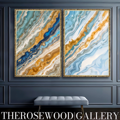 Abstract Painting Art Modern Goldeen Azur Blue Marine Wave Gold Beige Pouring Painting