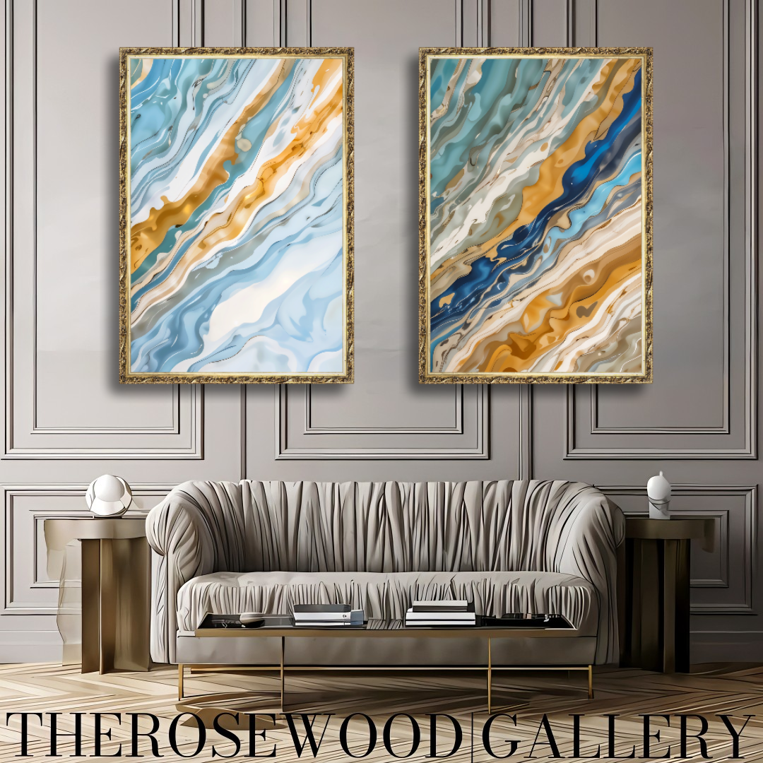 Abstract Painting Art Modern Goldeen Azur Blue Marine Wave Gold Beige Pouring Painting